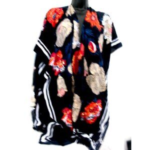 Woven Heart Top Women One Size Blue/Red Floral Open Front Short Sleeve Casual